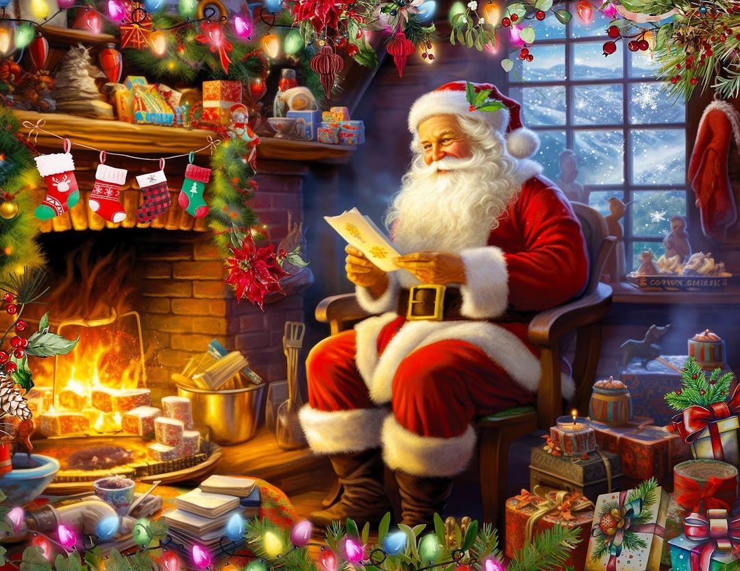 Springbok's Naughty or Nice 1000 Piece Jigsaw Puzzle is a Classic Image by Claudia McKinney of Santa Reviewing his Christmas Wish List