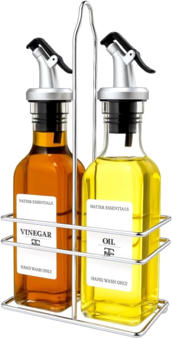 6 Oz Oil and Vinegar Bottle Cruet Set with Wire Caddy  2 Pack Glass Dispenser Bottles (No-Drip Spout)