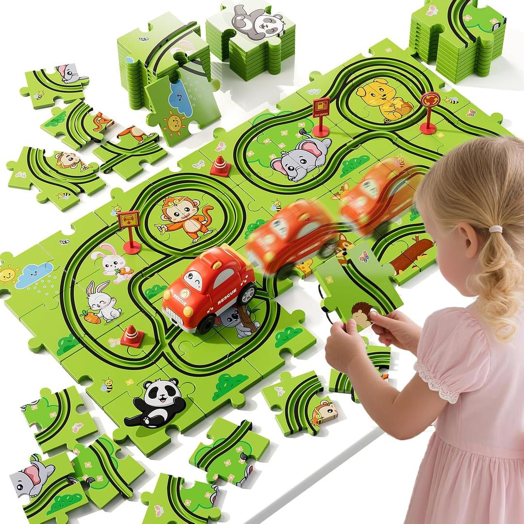 32-Piece Puzzle Race Car Track Set for Toddlers 1-3 | Animal-Themed Tracks, Cars & Road Signs | Puzzle Car Tracks Toddler Toy Gifts for 2 3 4 5 6 Year Old Boys & Girls