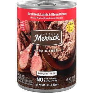 Merrick Grain Free Premium And Natural Canned Dog Food, Soft And Healthy Wet Recipe, Real Beef Lamb And Bison - (Pack of 12) 12.7 oz. Cans (EXP 09/01/27)