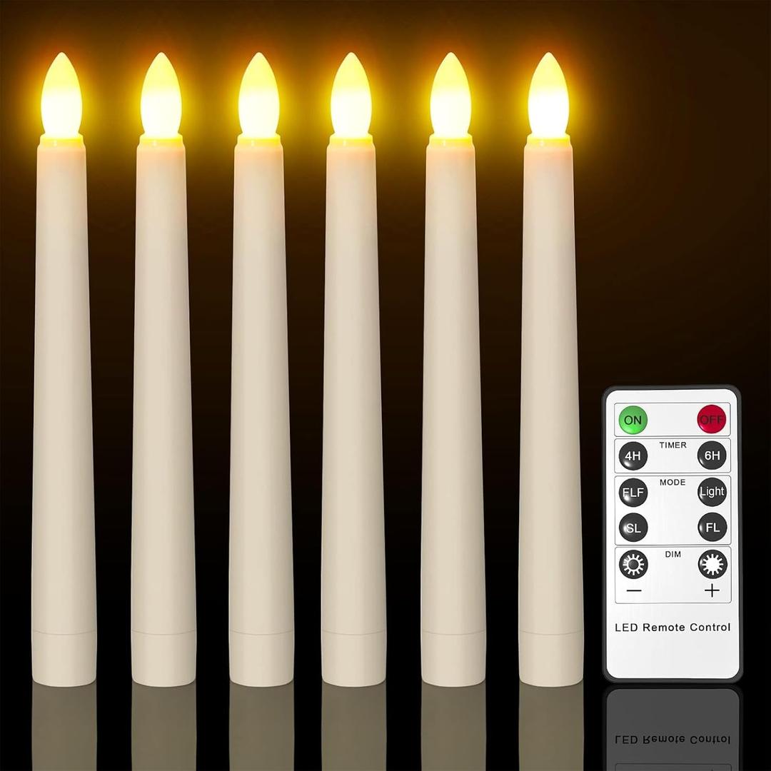 Ymenow Flameless Taper Candles with Remote Timer, 6pcs 7.9" Battery Operated LED Fake Electric Tapered Candles Flickering Ivory Floating Candlesticks for Halloween Party Table Christmas Decorations