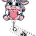 Pink Love Heart Cow Badge Reel Valentines Badge Clip Cute Cow Badge Reels Retractable Valentines Badge Holder with Retractable Clip Funny Animal ID Card Holder for Nurse Doctor Teacher Office Staff