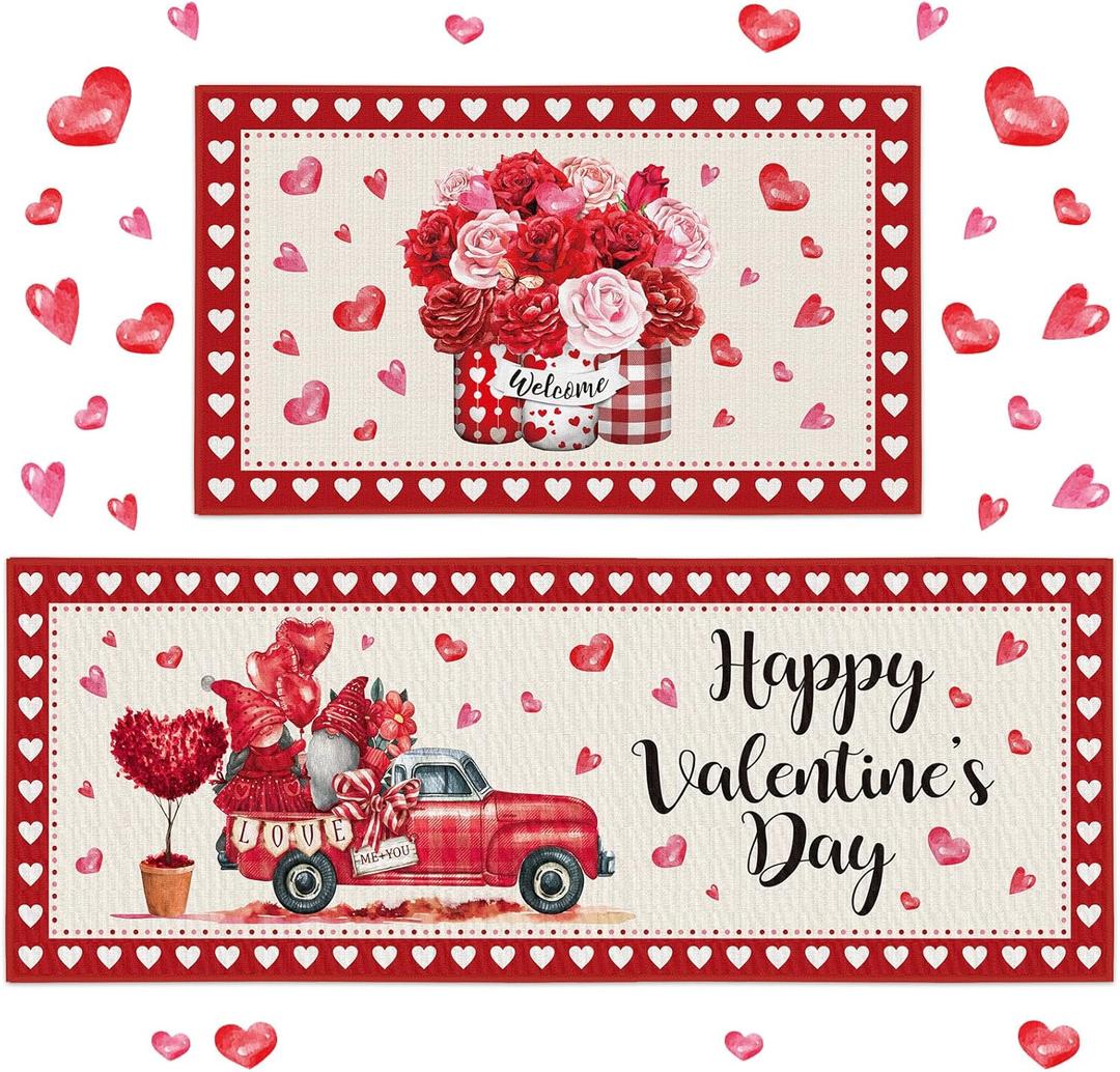 2 Pieces Valentine's Day Kitchen Rugs Valentine's Day Heart Gnome Truck Flower Rugs for Home Kitchen Floor Decor, 17 x 29 Inches, 17 x 47 Inches