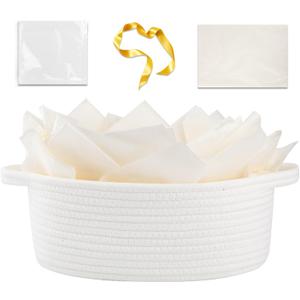 OIAHOMY Gift Basket with Handle, Small Woven Basket with Gift Bag, Ribbon and Wrap Tissue Paper, Nursery Bins Empty to Fill with Small Items, Baby, Pet Toy Organizer - White