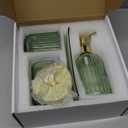 Haturi Bathroom Accessories Set, 4 Pcs Green Glass Bathroom Accessory Set Complete w/Lotion Soap Dispenser, Toothbrush Holder, Qtip Holder, Vanity Tray, Gold Bathroom Decor, Gift for Home Apartment