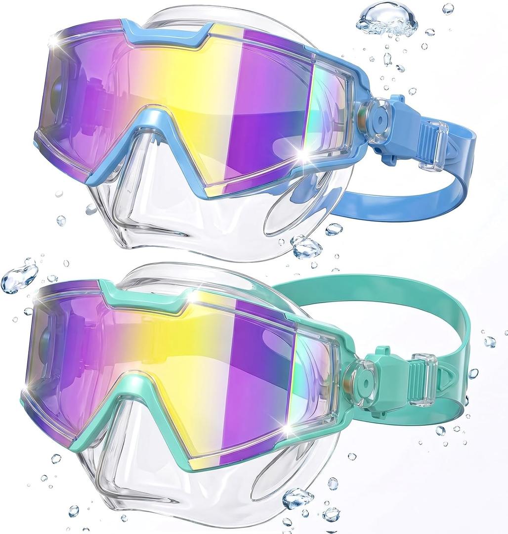 Kids Swimming Goggles 2 Pack, Anti Fog&UV Swim Goggles for Boys Girls, No Leak Pool Beach Essentials for kid 3-14 (Blue & Green with Nose Cover)