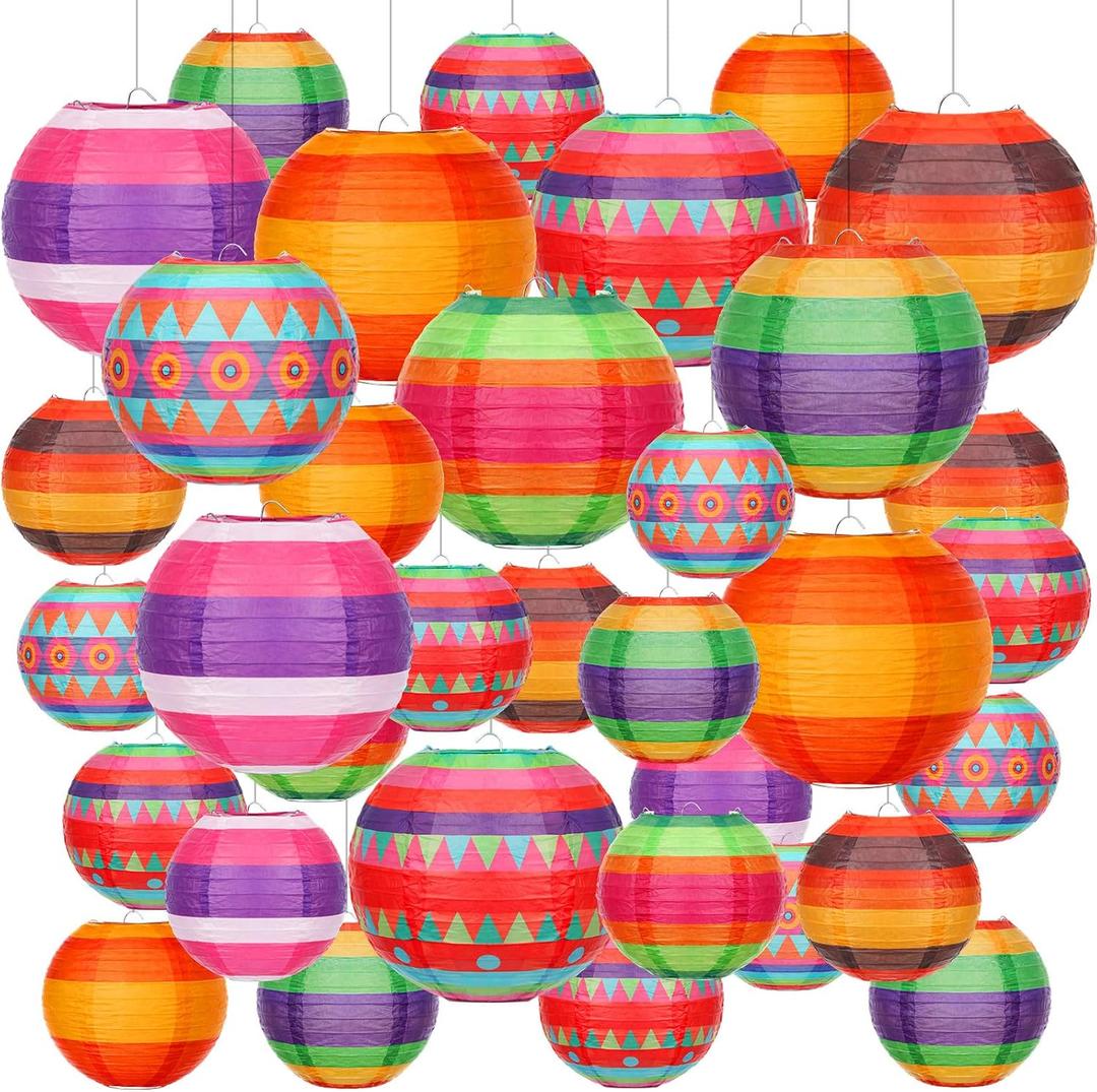 VIHOSE 34 Pcs Mexican Fiesta Hanging Paper Lanterns 7.87 Inch 5.91 Inch Colorful Cinco De Mayo Lanterns for Cinco De Mayo Day of the Dead Birthday Wedding Rainbow Mexican Party Decor