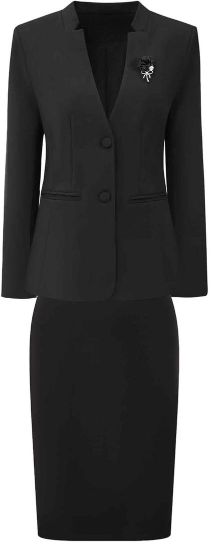Hobemty Women's Skirt Suit Set 2 Piece Outfit Business Work Blazers and Pencil Skirts with Brooch Pin (XX-Large, Black)
