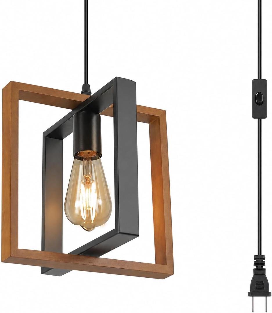 Plug in Pendant Light with 16.4ft Cord, Farmhouse Hanging Light Fixture with On/Off Switch, Modern Industrial Wood & Metal Cage Swag Lamp, No Wiring Needed for Kitchen Island Bedroom Entryway