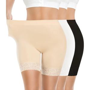 Yeblues 3 Pack Lace Slip Shorts for Under Dresses Women Smooth Anti-chafing Boyshorts Seamless Underwear Safety Shorts (Large, Lace-black+nude+white)