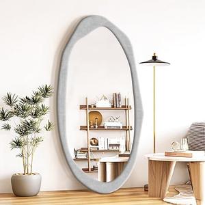 TRAHOME Irregular Asymmetrical Wall Mirror, 48" x 24" Flannel Wrapped Wooden Frame Frame Mirror for Living Room Bathroom Entryway, Hanging or Leaning Against Wall(Grey)