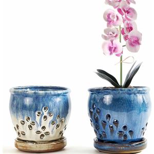 Orchid Pots with Holes Attached Saucers 4.6 Inches - 2 Pcs Small Ceramic Pots for Repotting, Decorative Ceramic Orchid Planter with Hole for Healthy Root Growth Blue Purple