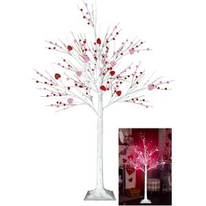 4 FT Birch Tree with Lights, Lighted Birch Tree with Heart Berry Ornaments 48 Led Red Pink Lights Artificial Valentines Day Tree for Gifts Home Indoor Decoration