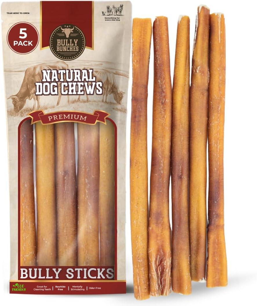 Bully Bunches Premium 12 Inch Standard Odor Free Bully Sticks for Small & Medium Dogs - Consistently Sized, Long Lasting Chews for Oral Care - All Natural Beef Dog Treats, (5 Pk)