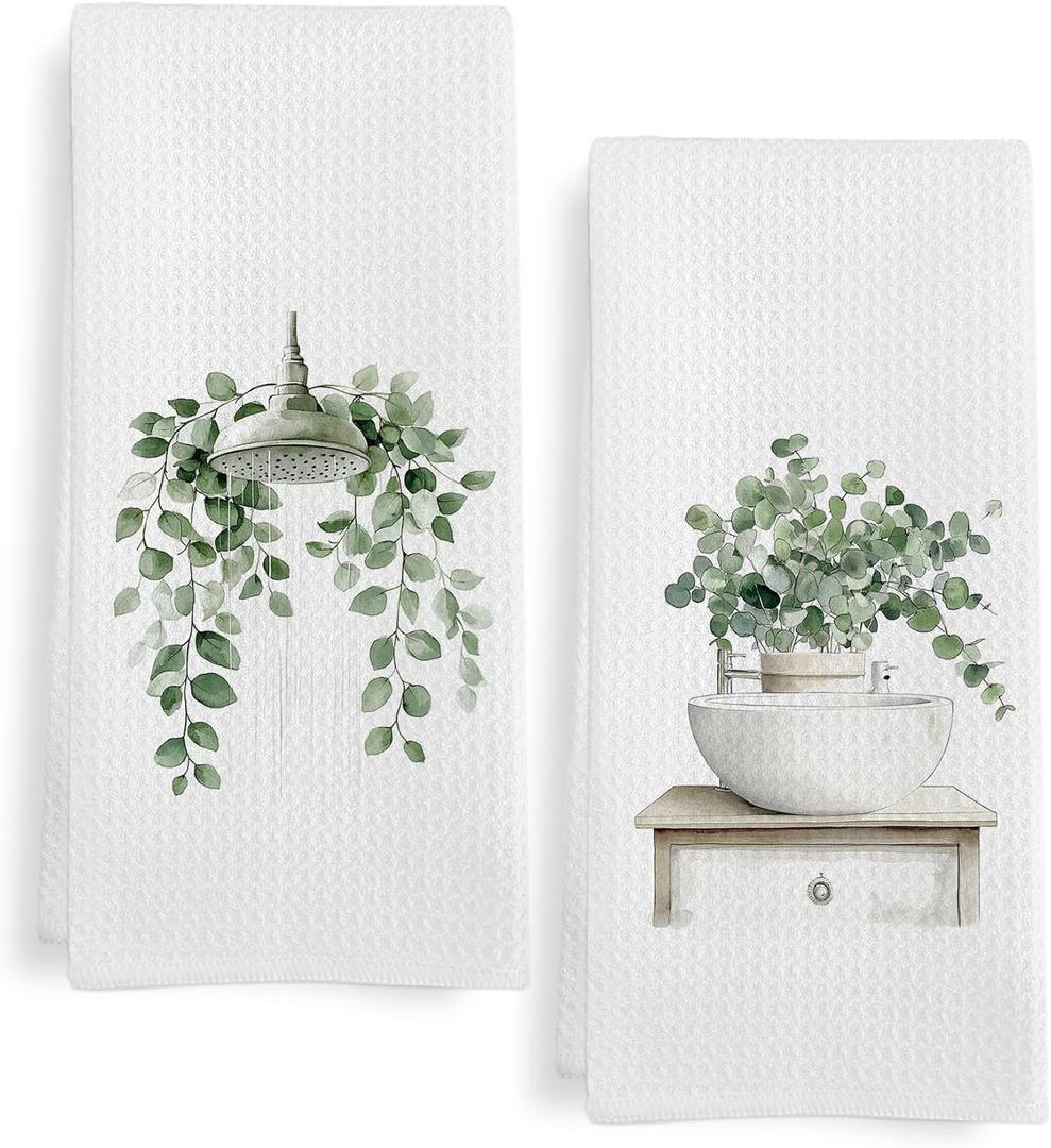 Sage Green Eucalyptus Hand Towels for Bathroom Set of 2, Eucalyptus Botanical Dish Tea Kitchen Towels, Shower Head Plant Hand Towels, Sage Green Bathroom Decor, 16x24 in