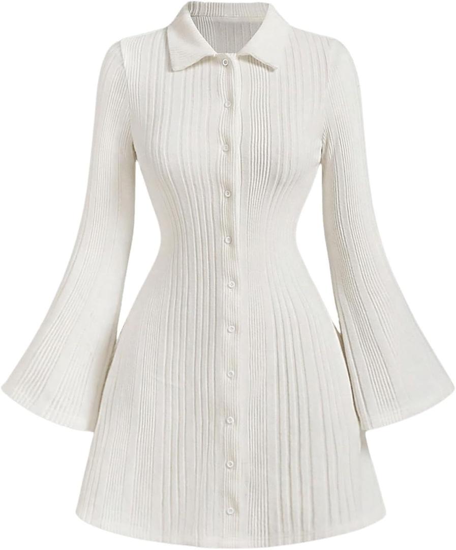 SOLY HUX Women's Button Down Rib Knitted Mini Dress Long Bell Sleeve Flowy Dresses Fall Clothes Plain White Medium