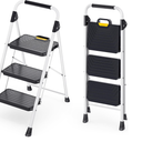 KINGRACK Sturdy Steel 3 Step Ladder, Folding Step Stool with Handrail, Anti-Slip Wide Pedals, Safe-Lock Design, Pass 800lbs Load Testing, Portable Ladder for Multi-Purpose in Home, Kitchen, White