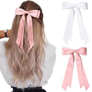 2PCS Silky Satin Hair Bows Hair Clip Pink White Hair Ribbon Ponytail Holder Accessories Slides Metal Clips Hair Bow for Women Girls Toddlers Teens Kids