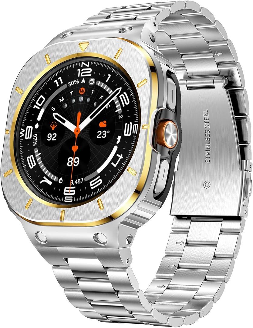SUPLINK Stainless Steel Case and Band Compatible with Samsung Galaxy Watch Ultra Bands 47mm(2025/2024), Rugged Protective Case Bumper Metal Bands for Samsung Ultra Watch Band Men, Silver Gold