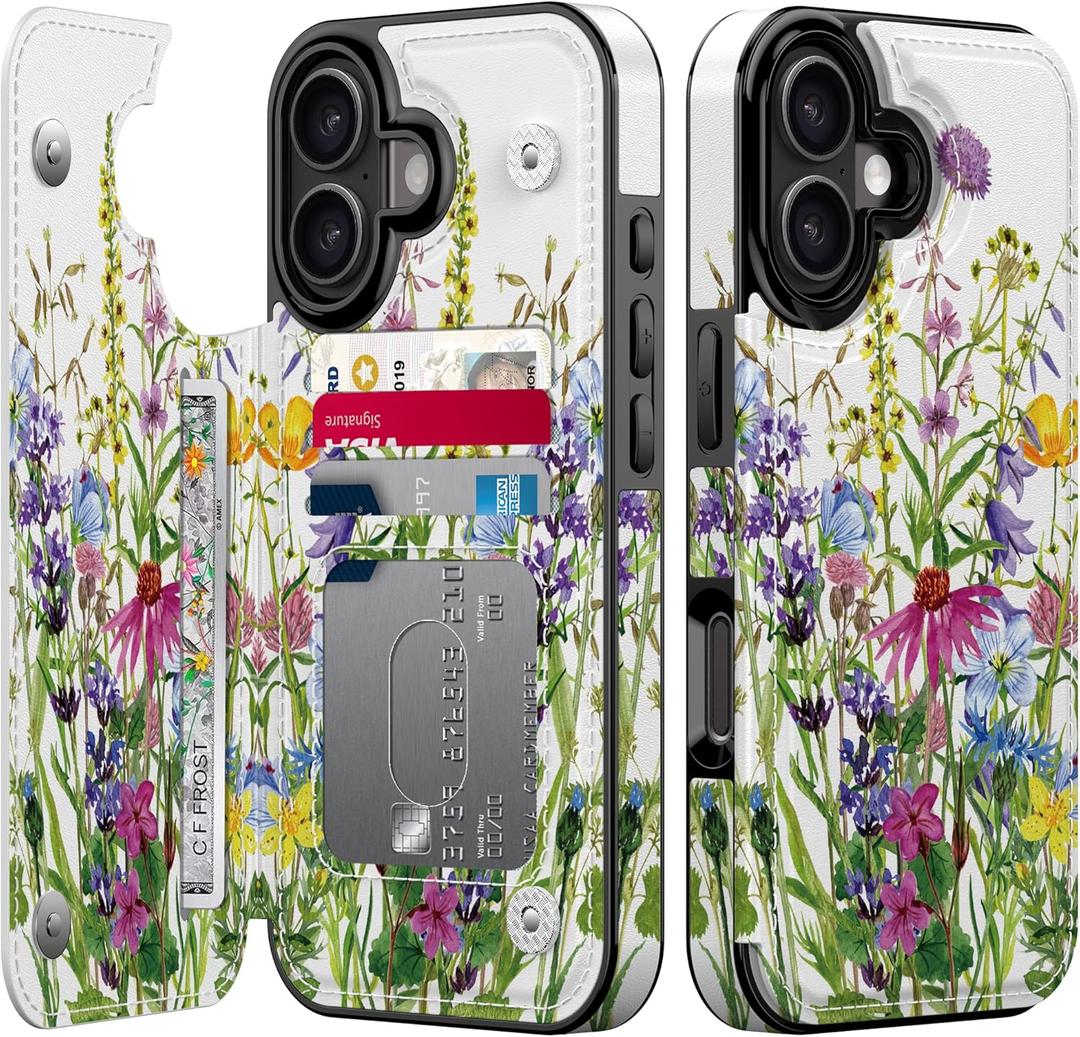 Goodon for iPhone 16 Plus Wallet Case with Card Holder,RFID-Blocking,Aesthetic Vintage Floral Girly Shell,Trendy Unique Cool Retro Protective Phone Cover for Women Girls - Blooming Wildflowers