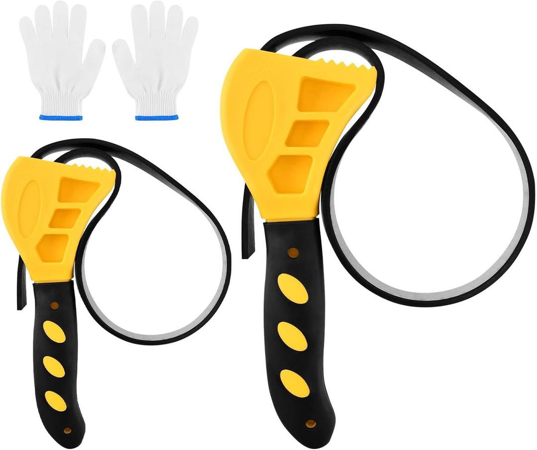 Rubber Strap Adjustable Wrench Set, 2pcs Oil Filter Wrench Diameter 6" and 8" with Labour Gloves, Universal Wrenc-h as Jar Opener, Pipe Wrenc-h, Plumber Tools, Faucet Tool(COLOR:Yellow)