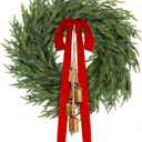 Fovths 24 Inch Christmas Wreath Large Real Touch Norfolk Pine Wreath with Bells Velet Ribbon Bows Faux Greenery Realistic Wreaths for Front Door Home DIY Wall Window Indoor Outdoor Holiday Decor