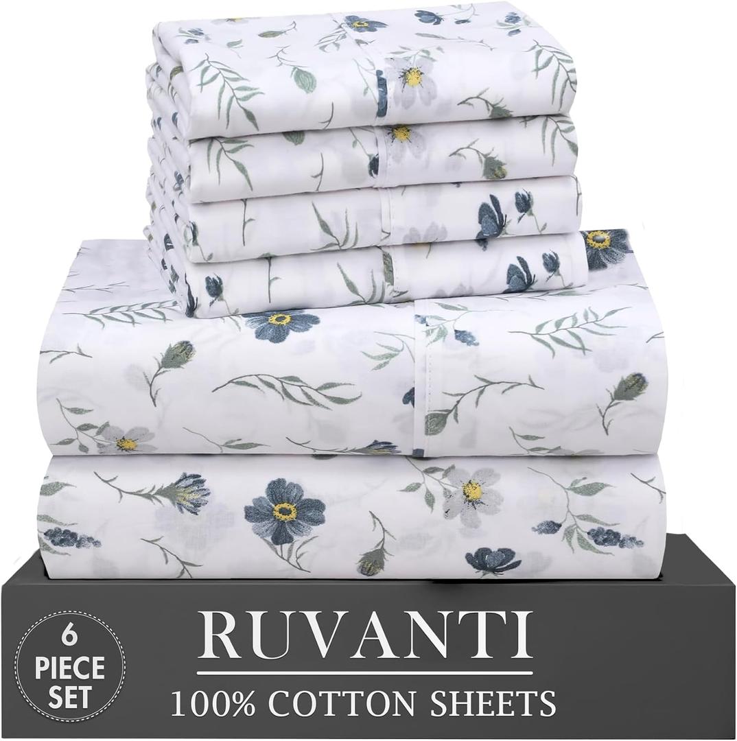 RUVANTI 6 Pcs Cotton Sheets - 100% Natural Cotton Soft, Lightweight & Breathable Crispy Percale Bed Sheets, Queen Sheet Set 16" Deep Pockets, Coastal Blue