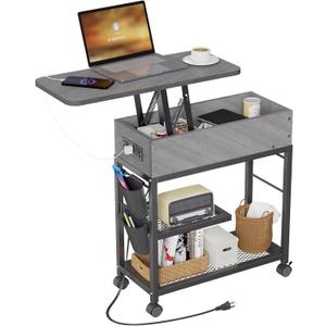 Colima Lift Top End Table with Charging Station and Wheels, Sofa Side Table with USB Port & AC Outlets, Movable Bedside Nightstand with Side Bag for Office Living Room Bedroom(Gray)
