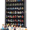 Minifigure Display Case - Building Block Toy Wall Cabinet Showcase for Small Miniature Collectibles Mini Brands Thimbles, Lockable UV Protection Door (Black Finish Frame)