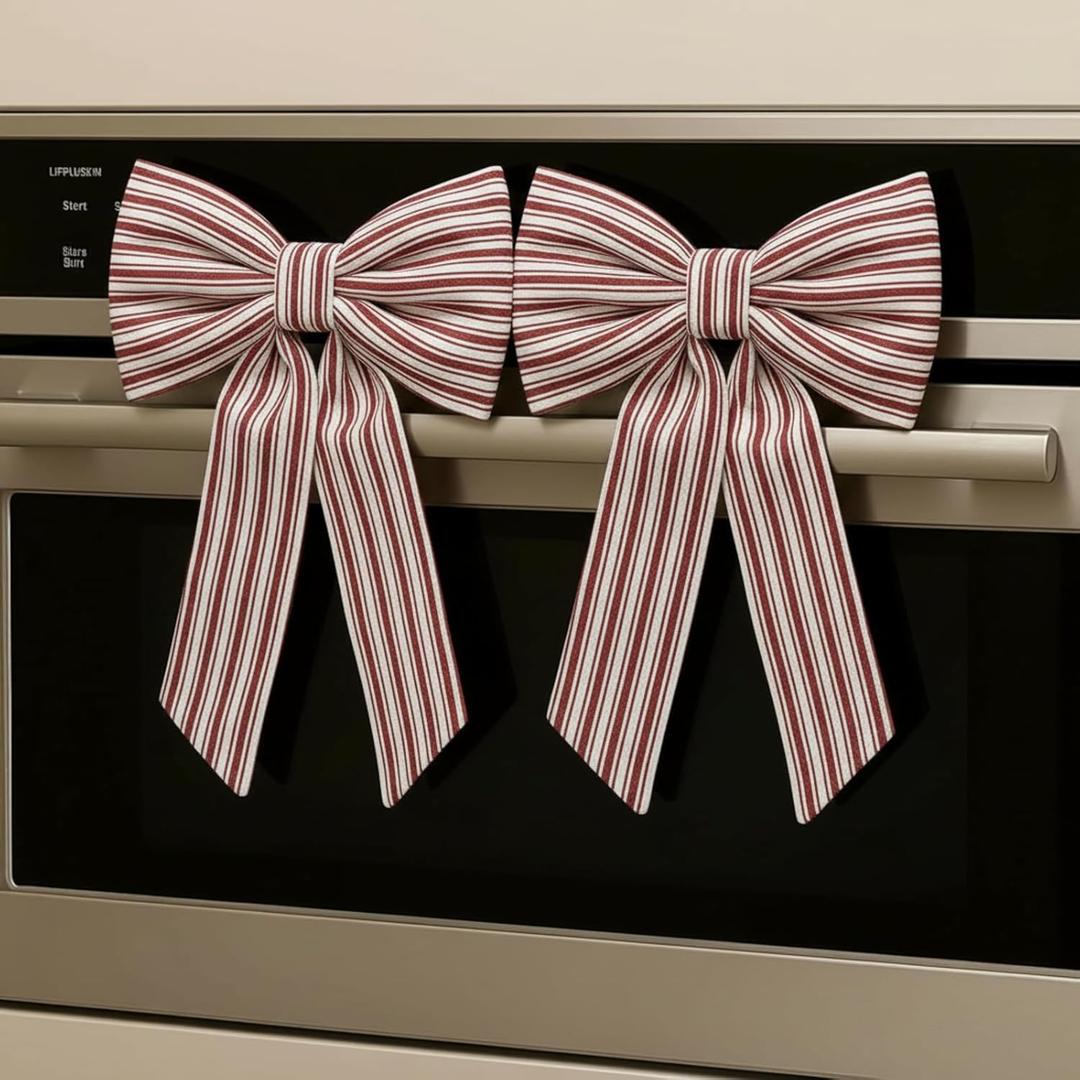 Hungdao 2 Pcs Christmas Kitchen Towels Bows Decor Christmas Decorative Dish Hand Towels Red and White Stripes Cabinet Bows for Xmas Bathroom and Kitchen Decor