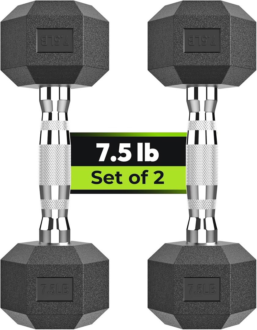 Hex Dumbbell Set, 7.5 lb Rubber Encased Exercise & Fitness Dumbbells, Weights Dumbbells Set of 2, Hand Weight for Strength Training