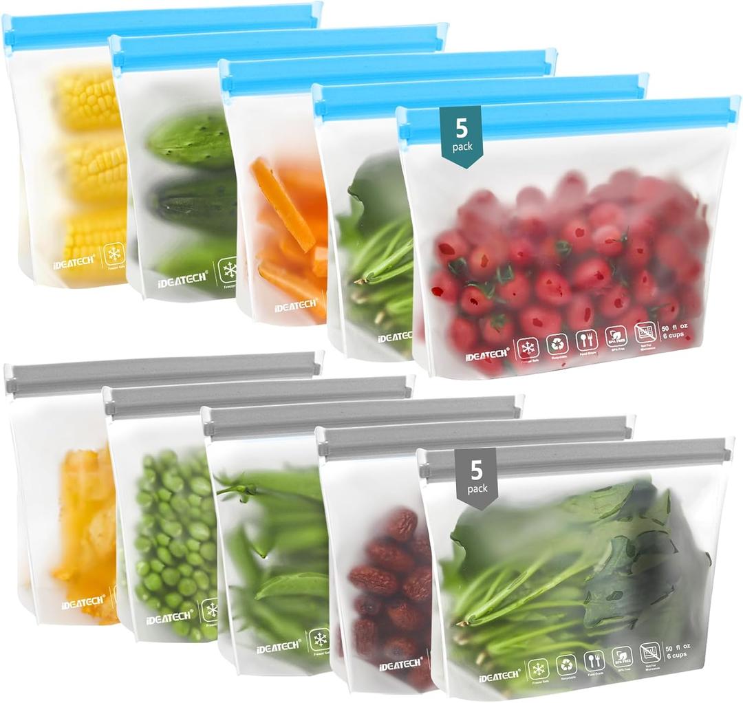 IDEATECH Quart Freezer Bags, BPA Free PEVA Reusable Sandwich Snack Bags, Quart Size Food Baggies Containers for Travel, Lunch, Healthy Food (10Pack-10Quart, Colored) (Multicolor)