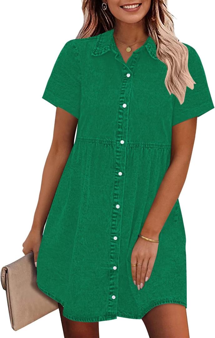 GRAPENT Denim Dress for Women Babydoll Tiered Short Sleeve Button Down Jean Shirt Dresses (Green, XXL)
