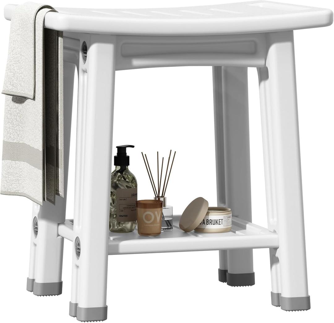 Shower Stool, Non-Slip Shower Bench with Storage Shelf Waterproof, Elderly & Disabled Shower Chair for Inside Shower