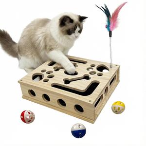 Cat Scratch Puzzle Enrichment Box, Cat Nail File Box, Wooden Sandpaper Scratcher with Interactive Maze Treat Puzzle Toy, Include Feather, 3 Balls and Spare Sandpaper