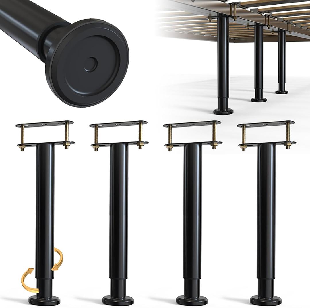 4Pcs Bed Frame Support Leg, Adjustable 14" to 23.6", Increase Under-Bed Storage Space, Extra Sturdy Steel Bed Risers with Wider Rubber Base, More Stable, for King/Queen Bed