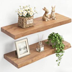 PERFNIQUE 24 Inch Floating Shelves Set of 2, Solid Elm Wood Rustic Live Edge Wall Decor Shelves - Invisible Bracket Mount for Living Room, Kitchen, Bathroom, Natural.