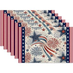 4th of July Placemats Set of 6, American Star Linen Place Mat Washable Stain Resistant Table Mats for Farmhouse Kitchen Dining Holiday Party Wedding Decor 12x18 Inch