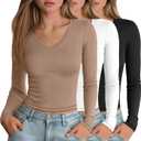 3 Pack Women's Long Sleeve Shirts V Neck Fitted Crop Tops Basic Tight Stretchy Tees Lightweight Layering Clothes, Size: Small (Black, White, Khaki)