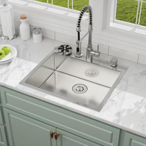 Yurshen 25x22 Inch Drop In Kitchen Sink, 16 Gauge T304 Stainless Steel Topmount Single Bowl, Classic Brushed Finish with Rear-Set Drain & R10 Rounded Corners