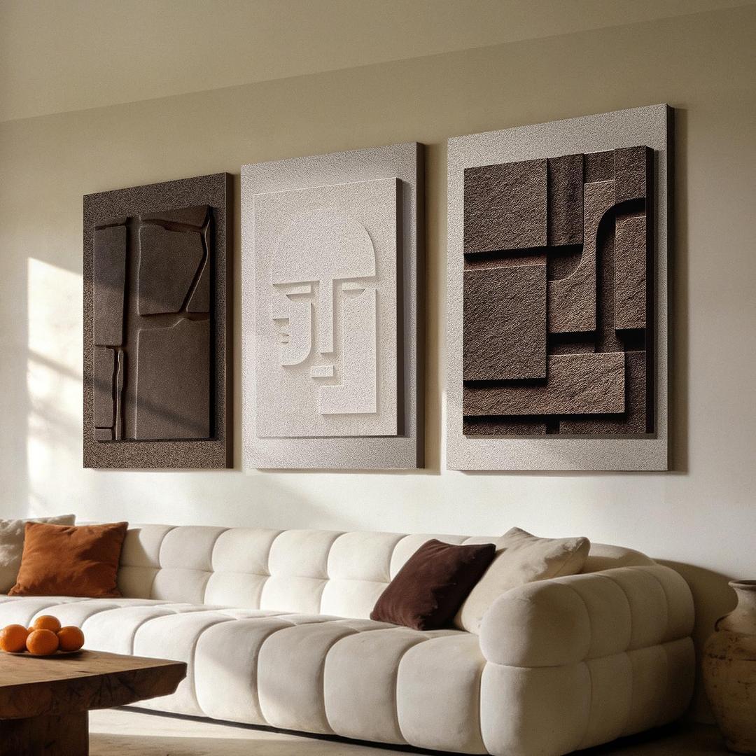 Azartslr Abstract Textured Wall Art, Modern Black White Sandstone Wall Decor For Living Room, Brown Minimalism 3piece Home Bedroom Art Painting, Geometric Artwork Dining Room Pictures Decoration, 16''W x 24''H x 3