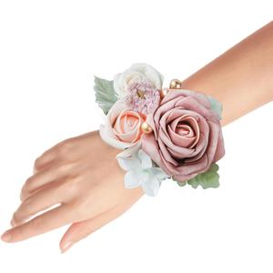 Set of 2 Wrist Corsage Wristlet for Wedding Bridesmaid Mother Grandmother for Bridal Shower Wedding Artificial Roses Flower Prom Dusty Blush Pink