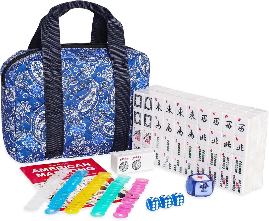 American Mahjong Set, 166 White Engraved Tiles (1.2), Mahjong Tile Set with Blue Printed Carrying Bag for Travel, Without Rack/Pushers