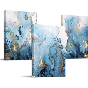 SERIMINO Blue Abstract Canvas Wall Art for Living Room, Navy and Gold Fluid Marble Wall Decor for Bedroom, Bathroom, Office, Home Decor, Set of 3 Print Painting, 16"X24"
