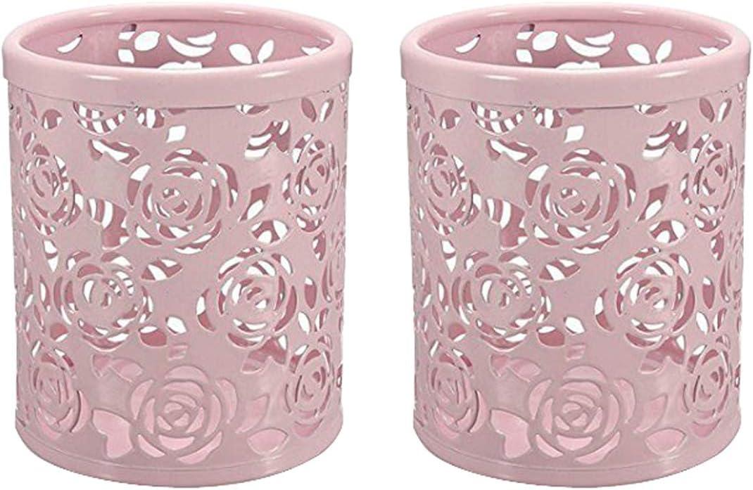 CTKcom 2 Pack Hollow Rose Flower Pattern Metal Pen Pencil Pot Cup Holder Desk Container Organizer,2 Pieces,Pink