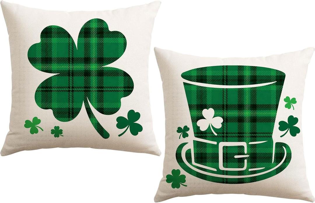 Artscope St Patricks Day Clover Green Hat Throw Pillow Covers 20x20 Inch Set of 2, Buffalo Plaid Shamrock Hat Holiday Decoration Pillow Cases for Home Sofa Couch
