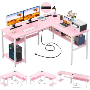 Unikito Reversible L Shaped Desk with Magic Power Outlets and USB Charging Ports, Sturdy Corner Computer Desk with Storage Shelves, Gaming Table Home Office Desk, Easy to Assemble, Pink, 42.5" W X 50.4" L X 29" H
