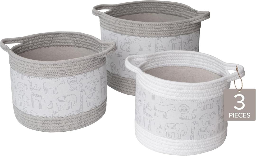 Decorative Storage Baskets with Zoo Animal Prints, Set of 3 Round Fabric Rope and Linen Bins for Nursery or Playroom Organization, Multi-Sized with Easy-Carry Handles, Vapor Blue and White