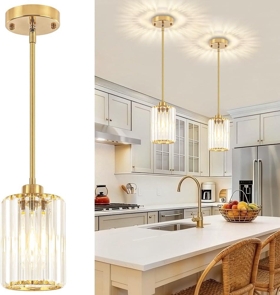 2 Pack Crystal Pendant Lights Kitchen Island, Brushed Brass Kitchen Pendant Lighting Over Island, Modern Dining Room Light Fixtures Adjustable Hanging Pendant Light for Bathroom Hallway Bedroom Foyer
