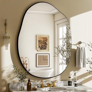 HARRITPURE Irregular Wall Mirror 26"x40" Black Asymmetrical Bathroom Mirror Wood Framed Modern Decorative Vanity Mirrors for Bedroom Living Room Entryway